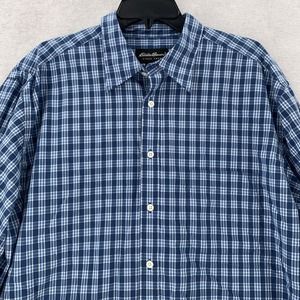 Eddie Bauer Cotton Button Up Shirt Blue Plaid Long Sleeve Check Mens XL Tall‎
